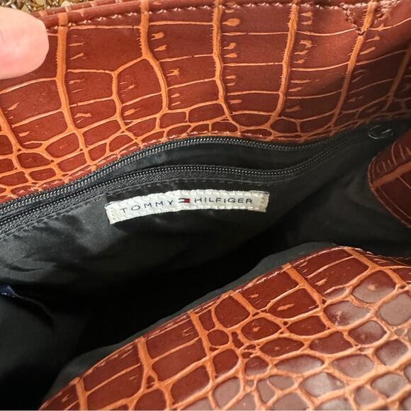 Tommy Hilfiger Vintage Y2K Satchel Purse Tote Embossed Croc Print Brown - Picture 3 of 6